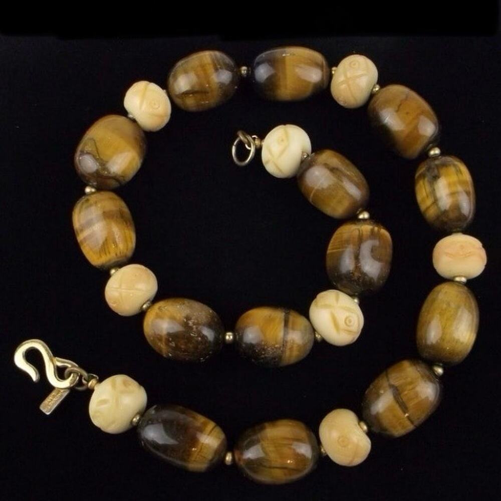 Vintage Kenneth Jay Lane Tigers Eye Necklace Carved‎ Bead 18”